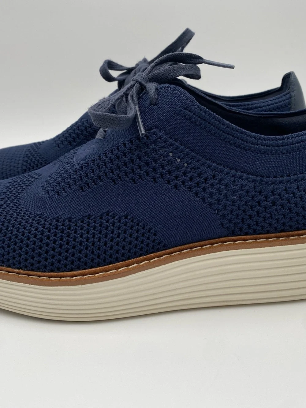 Cole Haan Navy Knit Lace-Up Oxfords with Tan Trim
